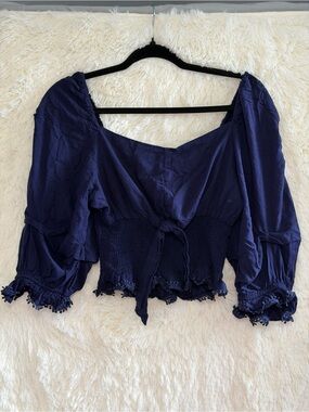White Birch Womens Boho Peasant Crop Top M Navy Blue Smock Linen Blend Tie Front